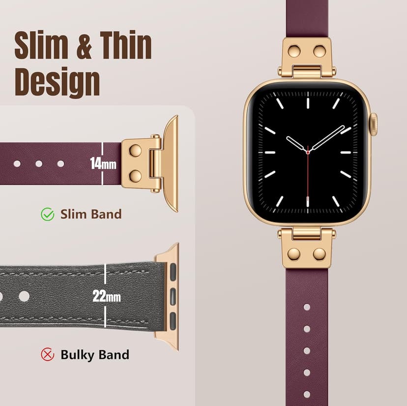 SNBLK Slim Leather Band Compatible with Apple Watch Bands for Women 40mm 41mm 42mm 44mm 46mm 49mm 38mm 45mm, Dressy Top Grain Genuine Leather Strap for iWatch SE Series 11/10/9/8/7/6/5/4/3/2/1 Ultra