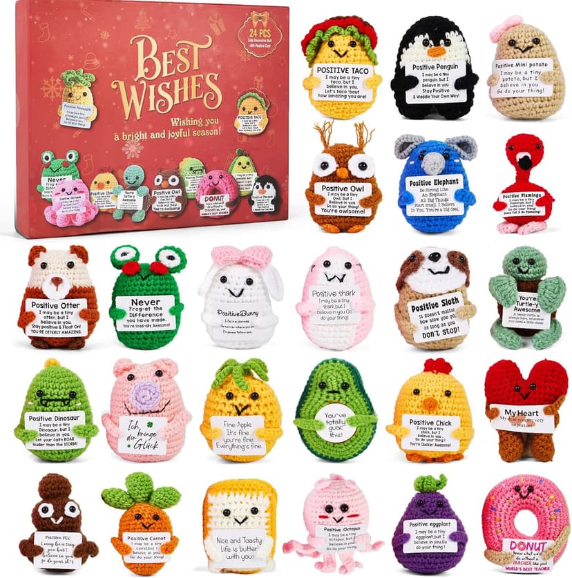Advent Calendar 2025, 24 Days Positive Crochet Animals Christmas Countdown Calendar for Kids, Teens, Adults, Handmade Emotional Support Crochet Toys with Positive Card for Birthday, Christmas Gifts