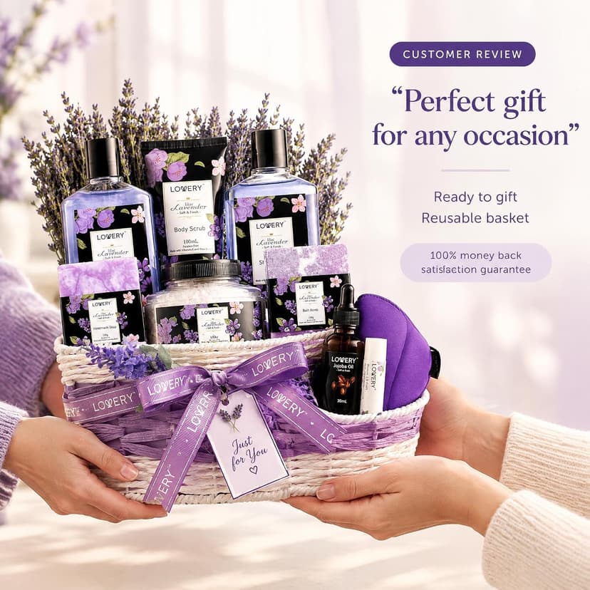 Gifts for Women, Moms, Lavender & Lilac Spa Gift Basket Set - Handmade Soap, Potpourri, Bath Bomb, Jojoba Oil, Organic Lip Balm & More - Stress Relief, Bath & Body Self Care Package B08DFG13DT