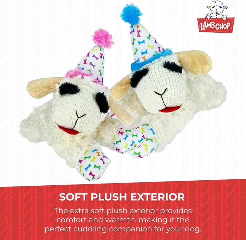Soft Plush Dog Toy, Stuffed Animal Dog Toy For Playing, Cute Birthday Toy 10.5”, Pink Hat, 5 Squeakers Multipet Lamb Chop Dog Plush Toy with Birthday Hat - Squeaky Dog Toy B0BKH23JXC