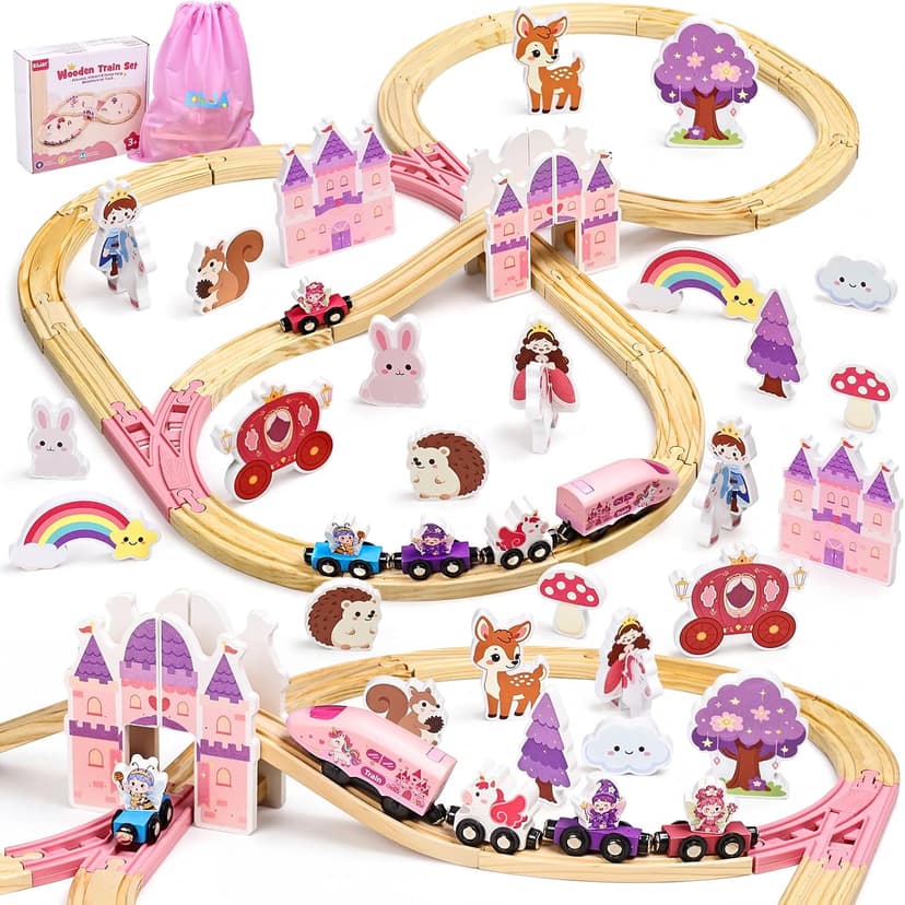 Pink Train Track Set Fairy Theme with Multiple Layouts, Birthday Gift Toys for Girls 3 4 5 6 Year Old Wooden Train Set Electric, 50 PCS Unicorn Princess Wood Track for Girls B0HDSGBW7S