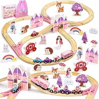 Pink Train Track Set Fairy Theme with Multiple Layouts, Birthday Gift Toys for Girls 3 4 5 6 Year Old Wooden Train Set Electric, 50 PCS Unicorn Princess Wood Track for Girls B0HDSGBW7S