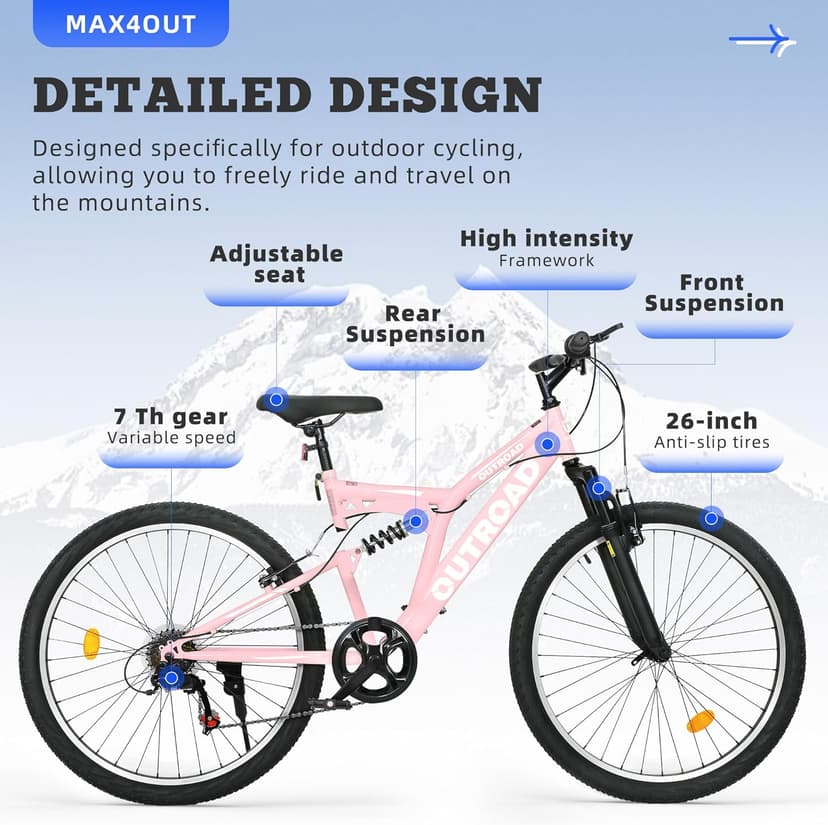 26 inch Mountain Bike Dual Full Suspension, Outdoor Hybrid Bikes,7-Speed/High-Carbon Steel, for Men Women Adult, MTB Bicycle with Suspension Fork,Sleek Colors