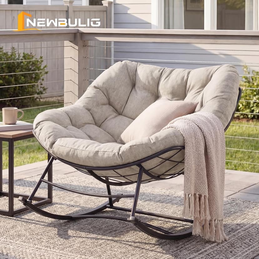 NEWBULIG Outdoor Patio Rocking Chair with 5.5" Thick Cushion, Oversized Egg Lounge Chair, 450 Lbs Heavy Duty, Water-Repellent Fabric, for Garden, Porch, Living Room