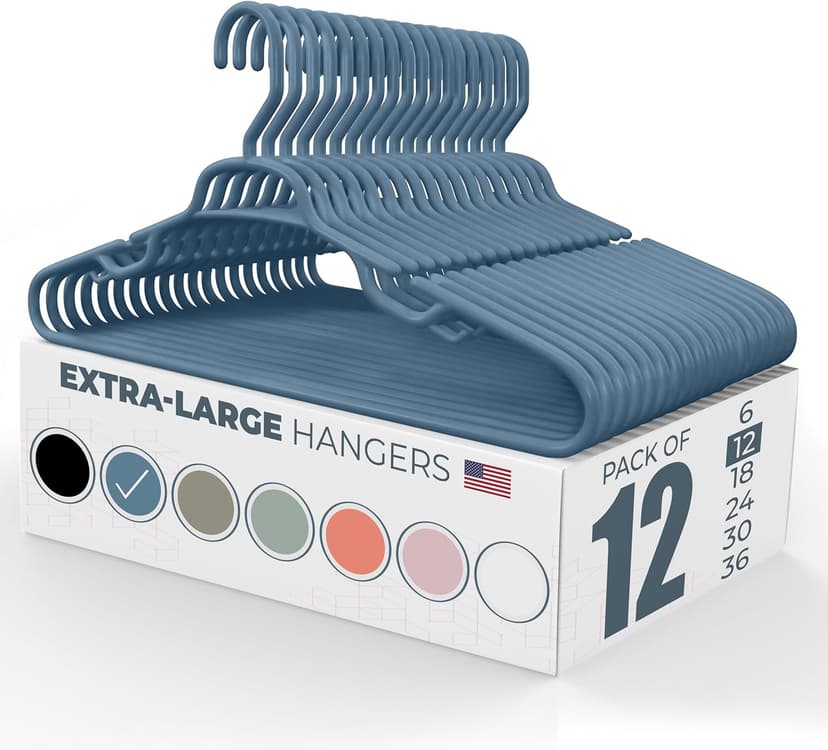 Neaties Large & Wide Heavy Duty Clothes Hangers 12 Pack – Made in USA – Ideal for Plus Size Clothing – 10lb Plastic Hangers with Notches for Oversized Adult Coats & Pants – Blue