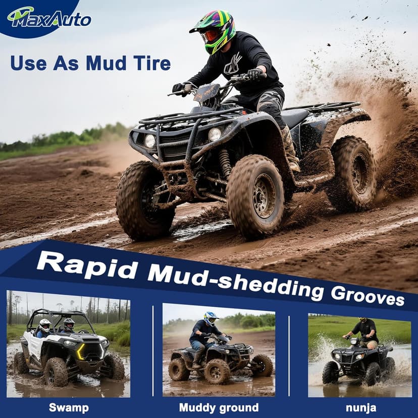 MaxAuto Set of 4 AT25x8-12 & AT25x10-12 ATV UTV Mud Sand Tires,25x8x12 Front & 25x10x12 Rear All-Terrain Off-Road Tires,6 PR, Tubeless,4 Pack in 2 Packages