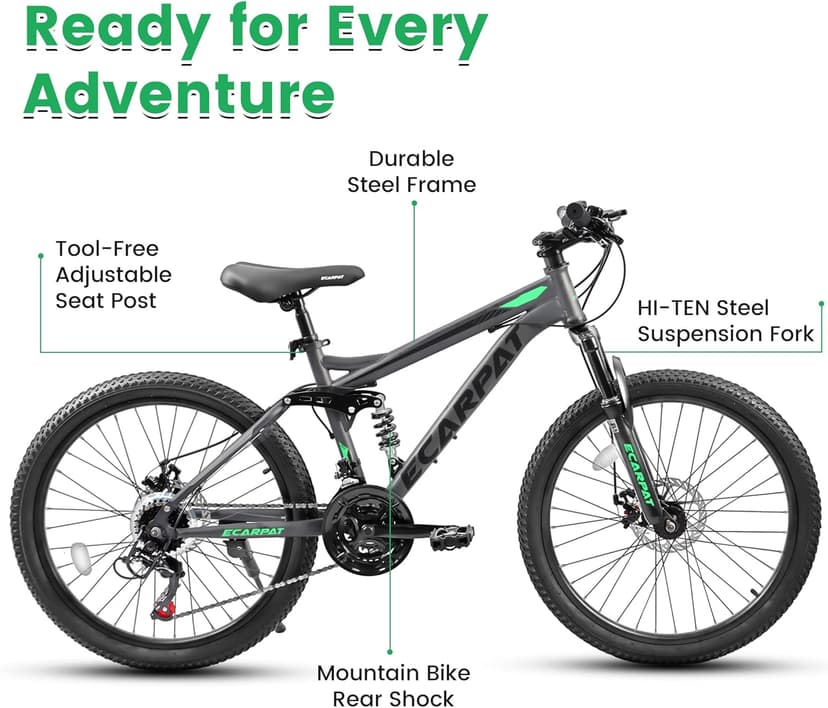 Ecarpat 24/26/27.5 Inch Mountain Bike, Full/Front Suspension Mens Boys Mountain Bike with 21 Speed Steel Frame and Dual Disc Brakes, Adult Sport Bicycle for Trail City Road, Gift Choice