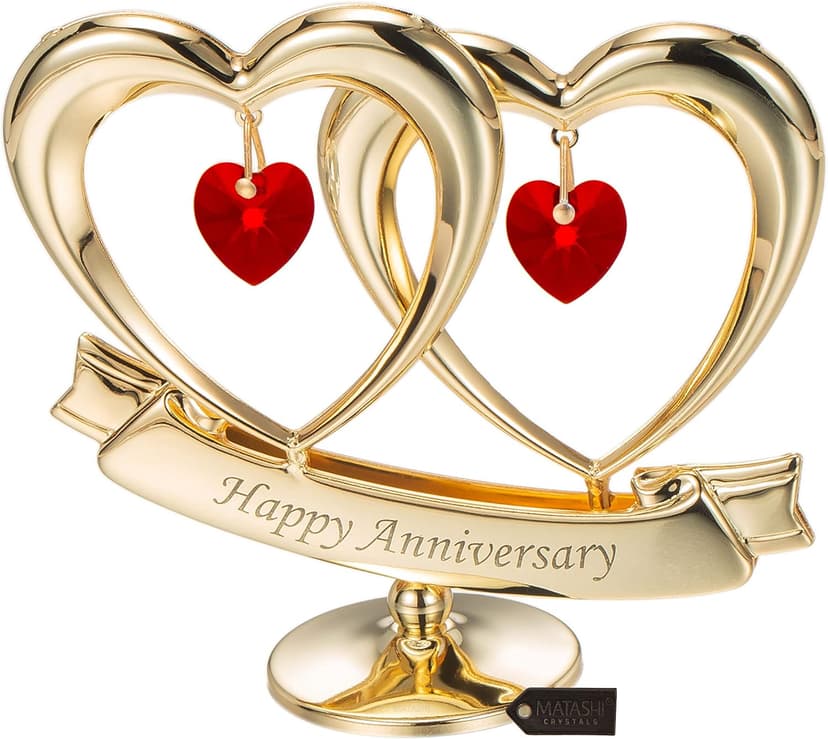 Matashi 24K Gold Plated "Happy Anniversary" Double Heart Table Top Ornament With Red-Cut Crystals