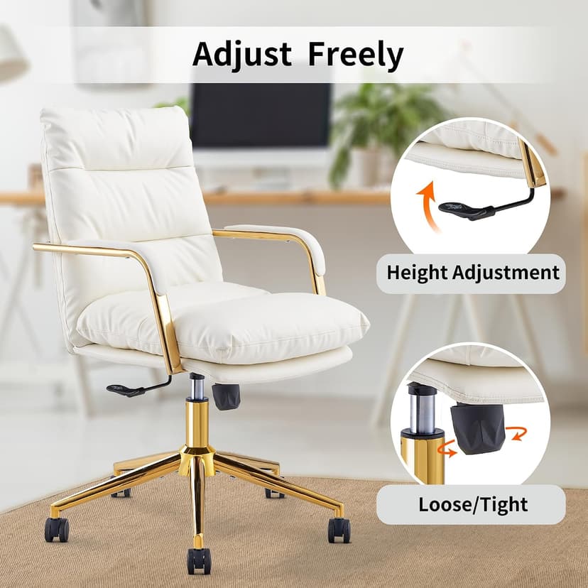 Leather Home Office Desk Chair, Executive Comfy Desk Chair with Support Armrests, Swivel Wheels, Height Adjustable, Mid Back, 360 Swivel, Computer Chair for Office Room, White