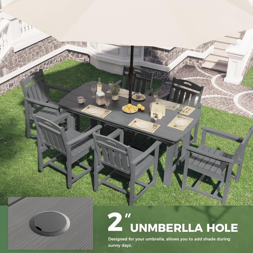HDPE Outdoor Patio Dining Set with Table & 6 Chairs, All-Weather 7-Piece Outdoor Table and Chairs, 2" Umbrella Hole, Patio Furniture for Garden, Backyard, Deck | Grey