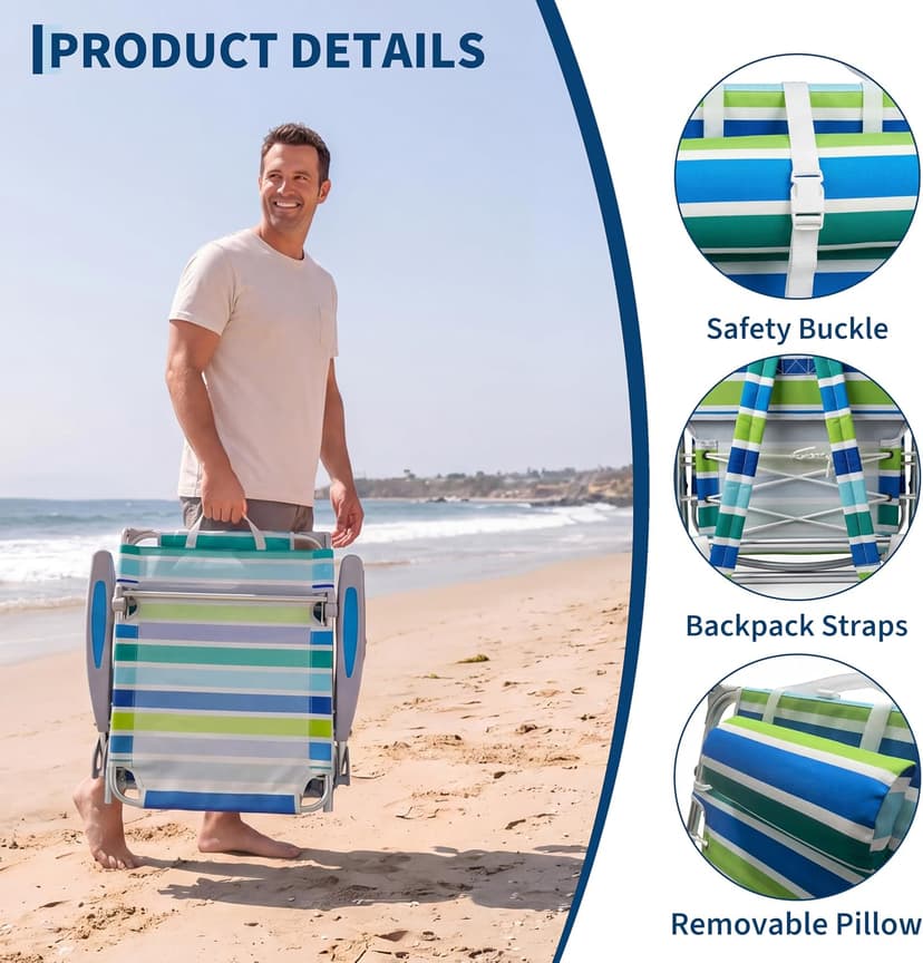 GarveeLife Backpack Beach Chair for Adults, Lightweight Portable Lay Flat Folding Beach Chair with Canopy Shade, 5 Reclining Positions, Backpack Straps, Phone Pocket, Cup Holder & Towel Bar