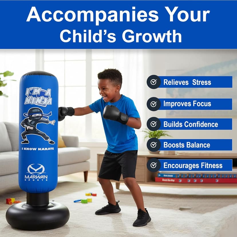 5-in-1 Inflatable Punching Bag for Kids – 63" Karate Toy Set with Boxing Gloves, Durable Fast Rebound, Active Play Birthday for Boys & Girls Ages 4-12