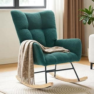 DUMOS Nursery Rocking Chair Teddy Upholstered, Comfy Glider Rocker with High Backrest Armchair Padded Seat, Accent Side Chair for Living Room Bedroom Offices Small Spaces Indoor, Green