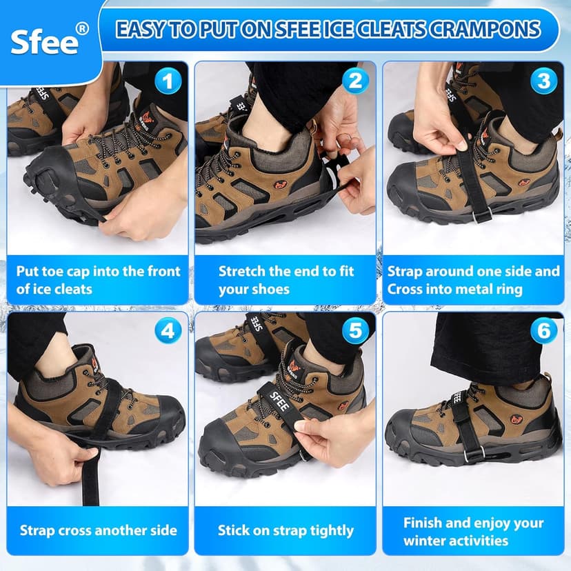 Sfee Crampons Ice Cleats for Shoes and Boots, 28 Steel Shoe Spikes Ultra-Grip Ice Cleats for Men Women Non-Slip Snow Traction Ice Grippers for Shoes and Boots for Walking, Hiking, Climbing, Fishing