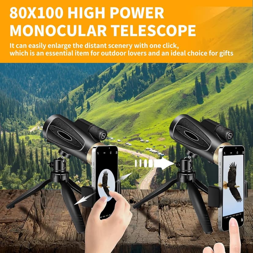 Monocular Telescope 80x100 HD Monoculars for Adults with Tripod & Phone Adapter, Monoculars for Bird Watching Stargazing Camping Hiking Hunting Wildlife Travel-Black