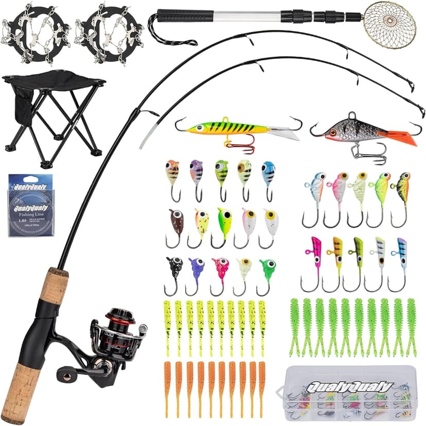 Ice Fishing Rod and Reel Combo, 28'' Ice Fishing Rod Set Inline Reels Lures Set Ice Cleat Portable Complete Kit with Carrier Bag/Folding Stool and Fishing Line Ice Fishing Gear