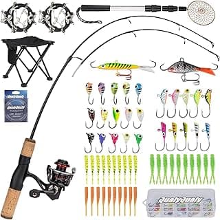 Ice Fishing Rod and Reel Combo, 28'' Ice Fishing Rod Set Inline Reels Lures Set Ice Cleat Portable Complete Kit with Carrier Bag/Folding Stool and Fishing Line Ice Fishing Gear