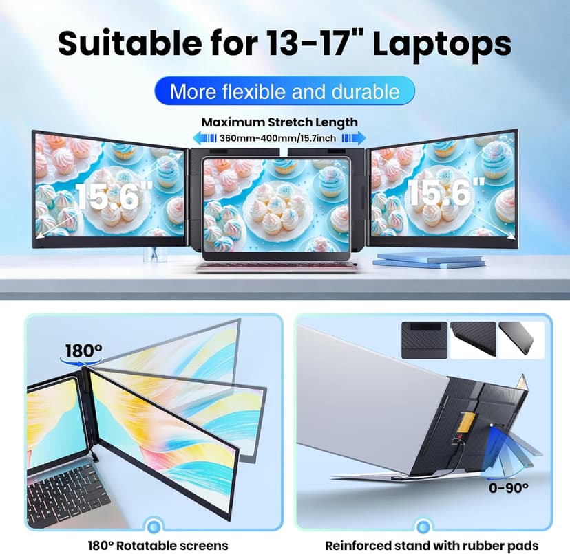 Laptop Screen Extender, 15.6" Ultra Light & Thin Triple Portable Monitor for Laptop with 1080P FHD IPS Display, Two Cable USB-C/HDMI Plug-Play Monitor Extender for Mac/Win/Android, Fits 13-17" Laptops