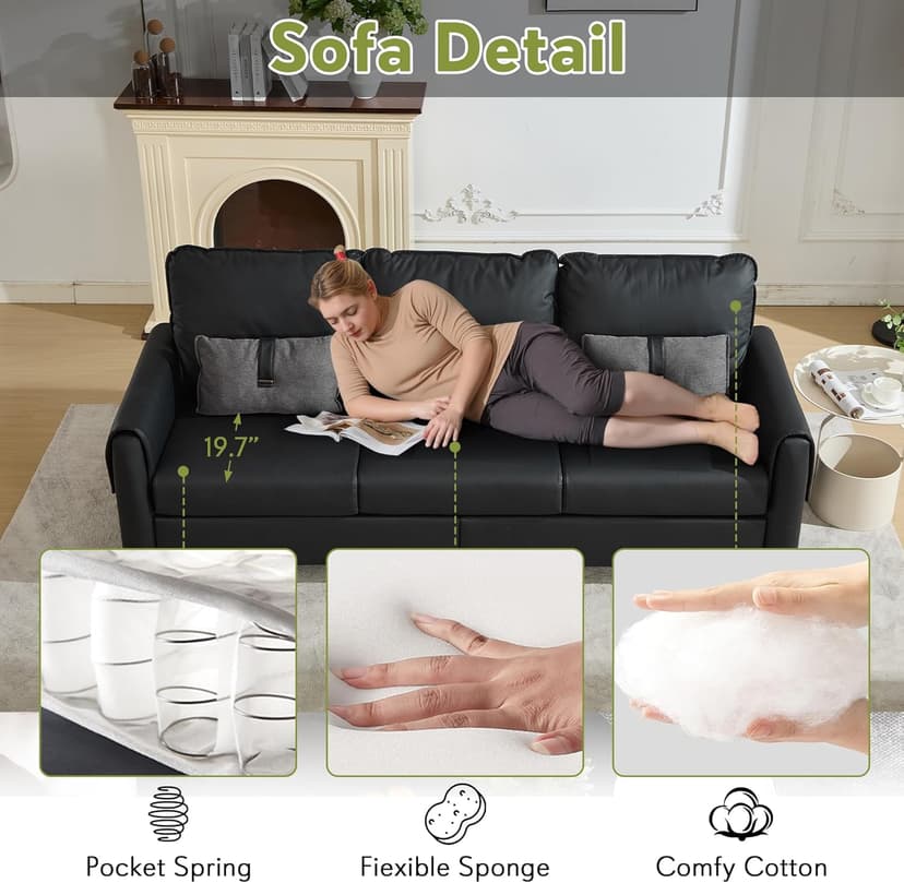 STHOUYN 88” Faux Leather Couch for Living Room, Black Office Couch Small Space, Comfy 3 Seater Couches Leather Sofa with High Backrest (Black)