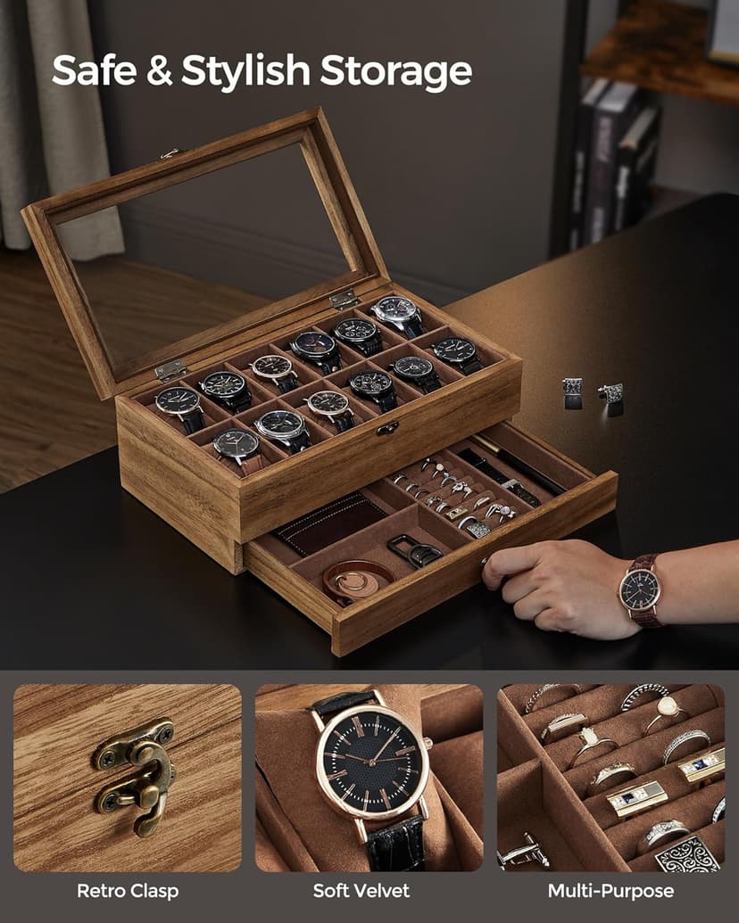 SONGMICS SONGMICS 12-Slot Watch Box, 2-Tier Watch Display Case with Large Glass Lid, Removable Watch Pillows, Velvet Lining, Jewelry Box, Gift Idea, Rustic Walnut UJOW012K01