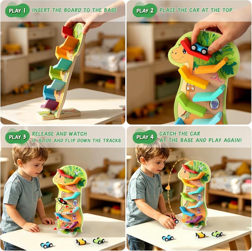 4 Mini Cars, 8 Level Race Track Car Truck, Car Toys for Toddlers 1-3, One 1st Birthday Gift Montessori Toys for 1 2 3 Year Old Boy, Dinosaur Wooden Car Ramp Race Track B0H7H5XWV5