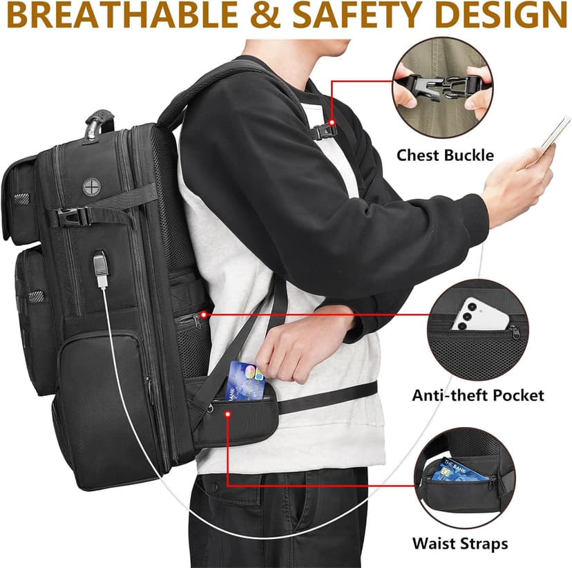 MATEIN Expandable Travel Backpack With Shoe Compartment, 52L Large Suitcase Backpack with Waist Straps & USB Charging Port, 17 Inch TSA Laptop Backpacks Luggage Carry On Bag With 3 Packing Cubes