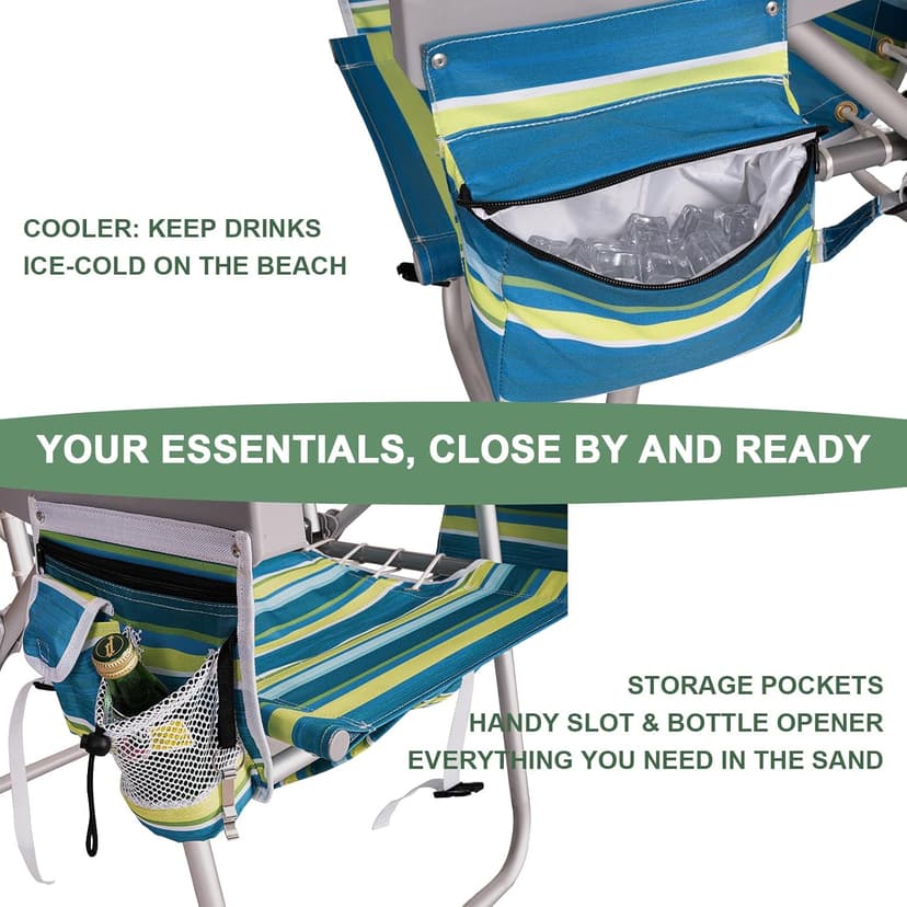 Romswi Tall Beach Chair Extra Wide for Adults, 17" High Seat Backpack Beach Chair with Cooler Bag, Cup & Phone Holder, 5-Position High Back Reclining Chair with Towel Bar & Zipper Pocket, Blue Stripes