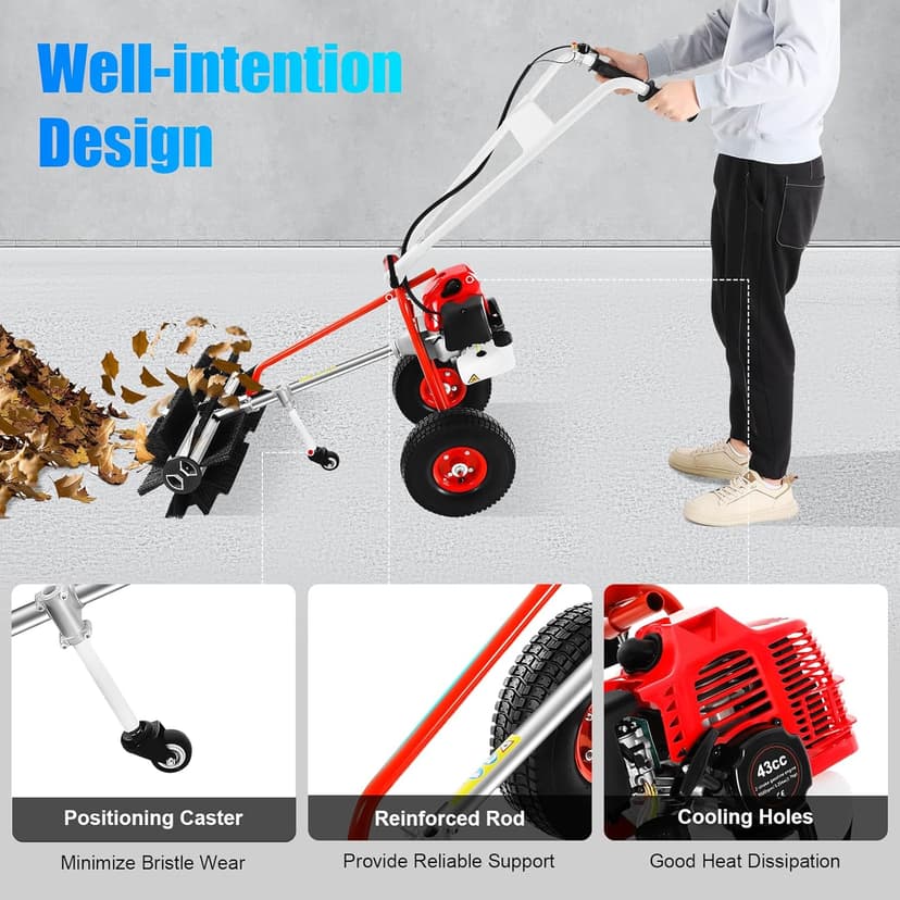 43CC 2 Stroke Gasoline Powered Broom Sweeper, 1.25kw/1.7hp Driveway Lawn Grass Sweeper Snow Cleaning Grit, 8500rpm Hand Push Walking Snow Sweeper for Garden Lawn Yard Sidewalk Turf Grass Cleaning