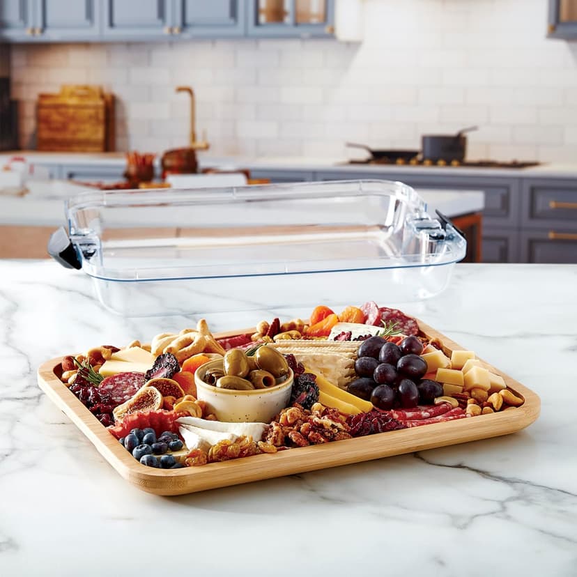 Farberware Bamboo Cutting Board with Clear Locking Lid, 11x14 Inch Charcuterie Board with Handles - Reversible Serving Board for Cheese, Meats, Snacks and More B0D2RRK7CS