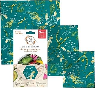 Bee's Wrap Beeswax Wraps for Food - Made in USA Reusable & Organic Food Wraps, Sandwich Wrap & Bowl Covers - Eco-Friendly Alternative to Aluminum Foil & Plastic Wrap, Ocean 3 Pack (S, M, L)