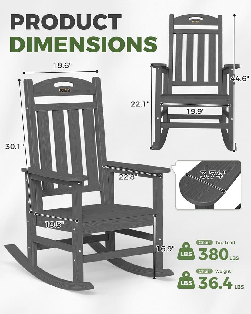 Oversized Outdoor Rocking Chair, HDPE All Weather Resistant Patio Rocking Chair, High Back Porch Rocking Chair, 380lbs Weight Capacity, Dark Grey