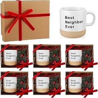 6 Set Christmas Gifts for Neighbors Best Good Neighbor Ever Gifts Ceramic Coffee Mugs Set with Box, Ribbon, Pine Branch for Xmas Holiday Neighborhood Treats Housewarming Goodbye Farewell Appreciation
