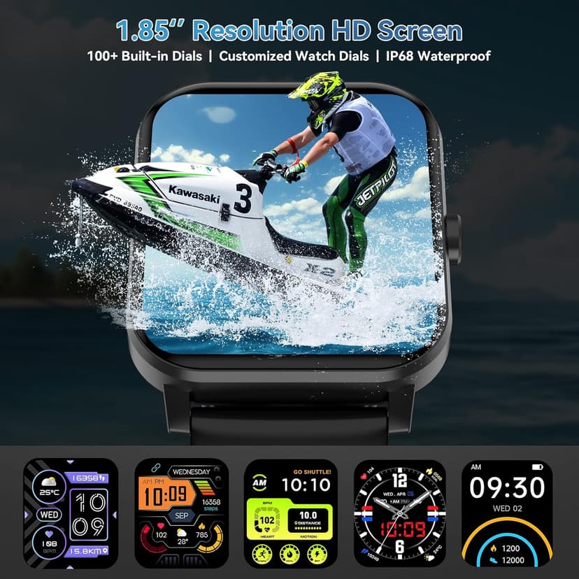 Smart Watch, 1.85" HD Smartwatch for Men Women (Answer/Make Calls), Fitness Watch with Heart Rate/Sleep/IP68 Waterproof/120+ Sports Modes, Pedometer, Android Smart Watch for Android iOS (Black)