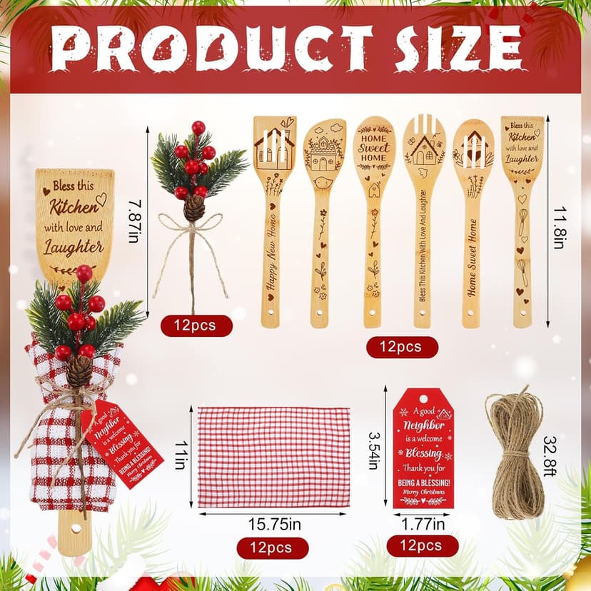 Mimorou 12 Set Neighbors Gift for Christmas Housewarming Neighbors Birthday Welcome Christmas Appreciation Gifts Xmas Kitchen Cooking Utensils Set with Spoon Towels Artificial Pine Picks Thank You Tag