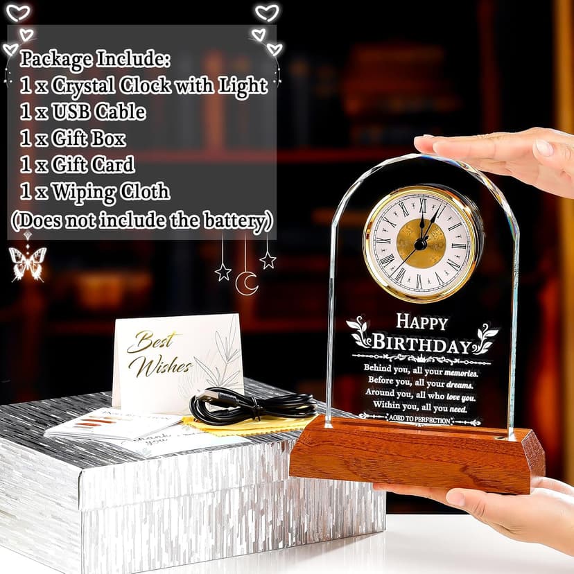 with Wooden LED Light Base, Happy Birthday Keepsake, for Woman Man Her Him Mom Dad Friend, Home Decor Ornalrist Happy Birthday Gifts for Men Women Glass Quartz Clock Keepsake B0GR57JH79