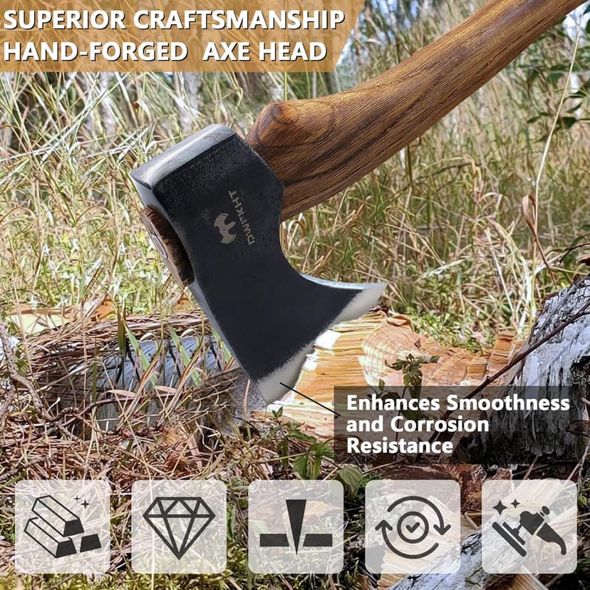 15.7" Hatchet, Camping Hatchet, Hand-Forged Axe with Sheath for Wood Chopping, Splitting, and Carving, Bushcraft Axe with Beech Handle for Outdoor Survival and Garden Work