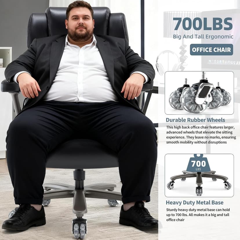 Big and Tall Office Chair 700lbs- Large High Back Executive Computer Desk Chair with 3D Flip-Up Arms, Adjustable Lumbar Support, Extra Wide Plus Size Seat, Heavy Duty Metal Base & Quiet Rubber Wheels