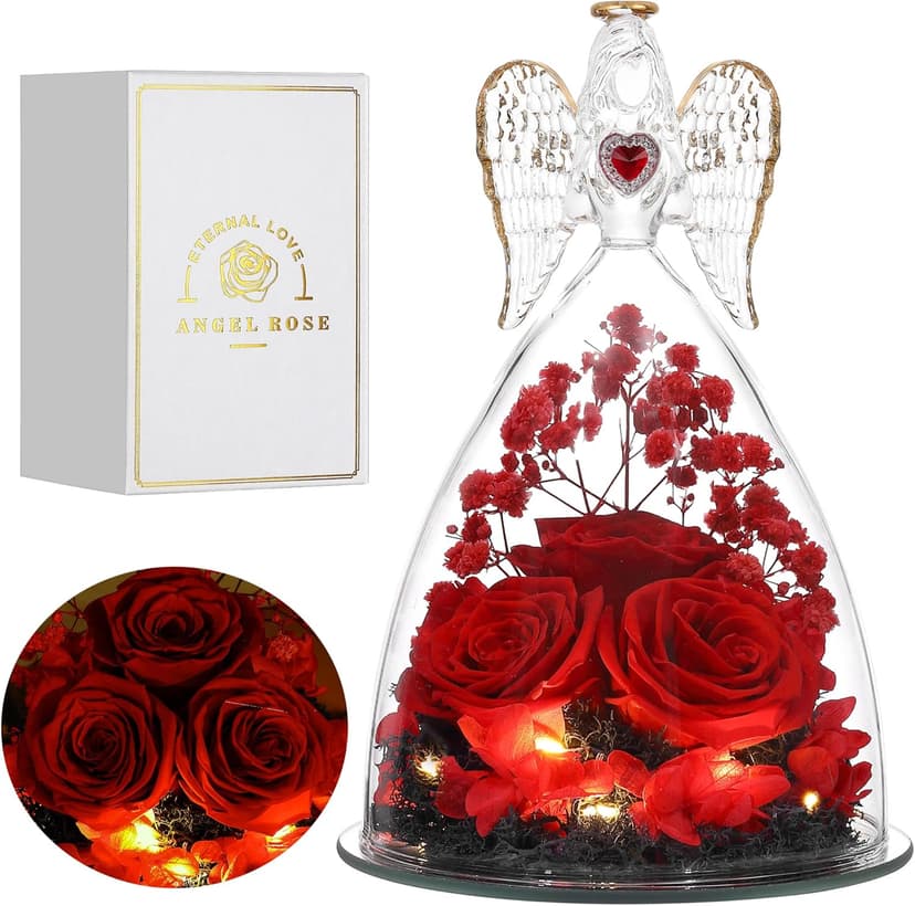 Mothers Day Rose Gifts for Women, Large Angel Figurines with Real Roses, Preserved Real Flower Rose for Her - Red