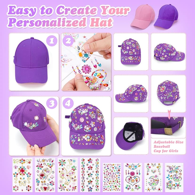 DIY Gem Baseball Cap Craft Kit: Design Your Own Hats with Unicorn Stickers, Adjustable Kids Baseball Caps, Trendy Tween Gifts Toys for Girls Age 4-12 Years Old, Birthday Christmas Art Supplies B0CJLKHB5Q