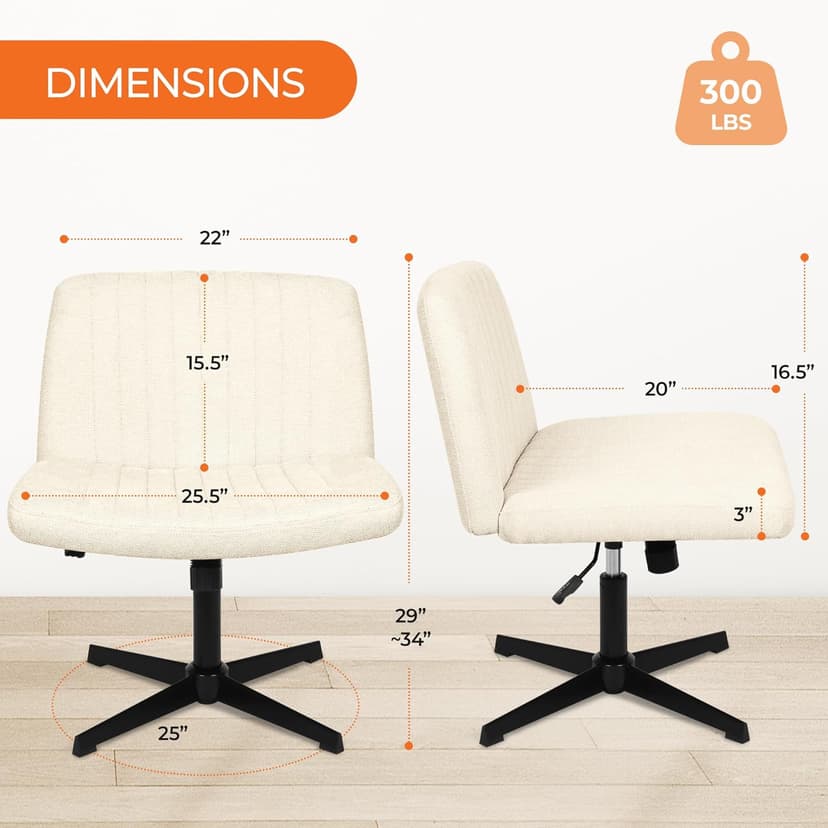 NEO CHAIR Criss Cross Chair No Wheels Armless Cross Legged Office Desk Wide Comfy Vanity Makeup Chair Adjustable Computer Task for Home Office Fabric (Beige)