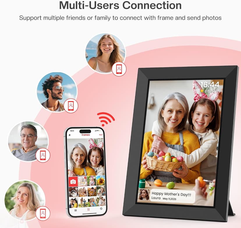 1280x800 HD IPS Touch Screen, Slideshow, Auto-Rotate, Tabletop/Wall, Send Photos/Videos from Phone, Gifts for Mom - Black Frameo 10.1" WiFi Digital Picture Frame, Electronic Photo Frames - 32GB B0D8JDPKKS