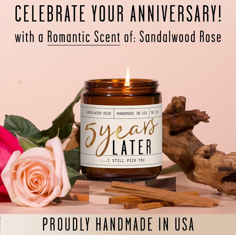 5 Year Marriage Gift for Anniversary for Her - '5 Years Later' Soy Candle, w/Sandalwood Rose - Infused w/Essential Oils I 5th Anniversary Wedding Gift for Wife I 50Hr Burn I USA Made
