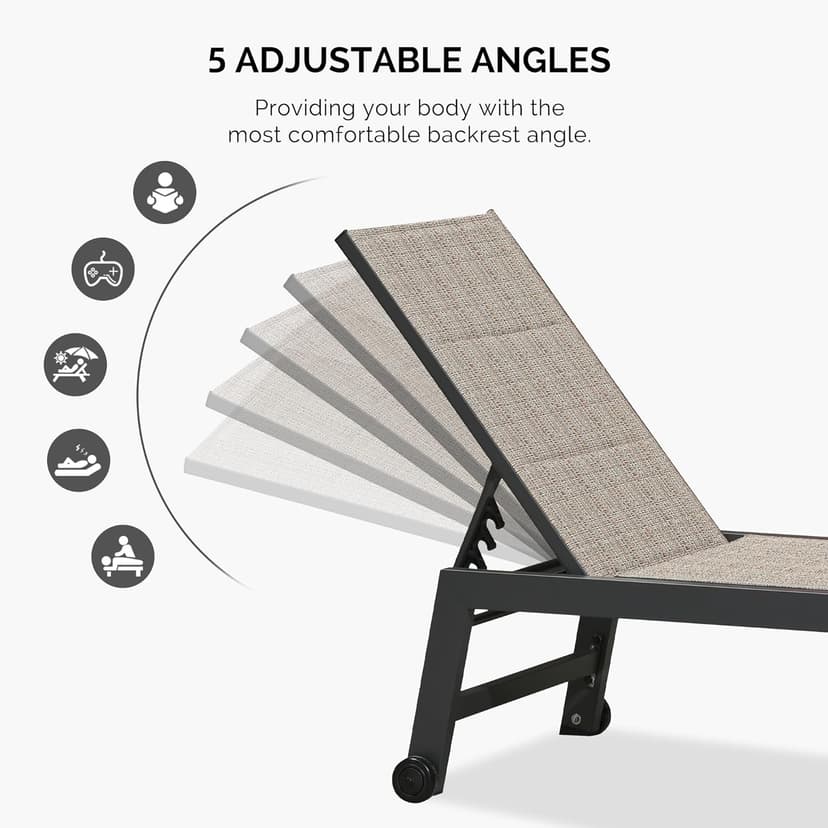 PURPLE LEAF Outdoor Chaise Lounge Set of 2 Aluminum Patio Lounge Chair with Wheels and Side Table Pool Chaise Lounge Chair for Outdoor Backyard Poolside Camel (2 Lounges Chairs W/Table)