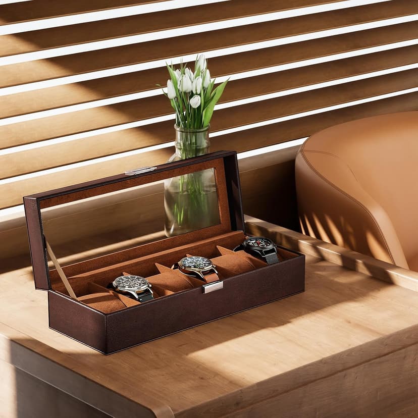 ProCase ProCase Watch Box, 6 Slot Mens Watch Case, Watch Storage Holder Organizer, Watch Display Case with Glass Lid, Anniversary Birthday Valentine Gifts for Men Women -6 Slot, Espresso