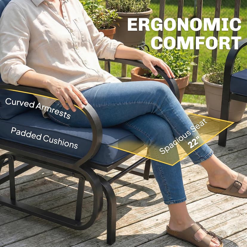 Outsunny Patio Glider, Outdoor Glider Chair with Cushions, Steel Frame, Curved Armrests, Single Gliding Chair for Yard, Porch, Garden, Poolside, Dark Blue