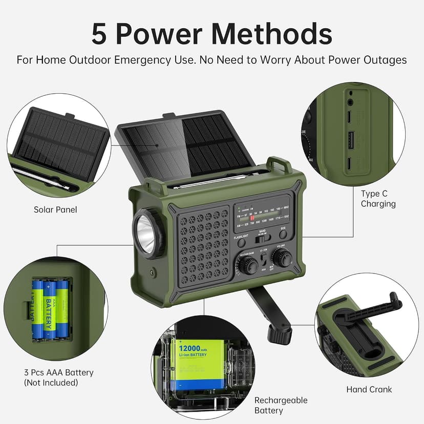 AM FM NOAA Weather Radio Battery Operated with 2-Mode LED Flashlight Cell Phone Charger Dual Outputs SOS Solar Radio Emergency Hand Crank 12000mAh with Clear Signal B0F4QW1PP1
