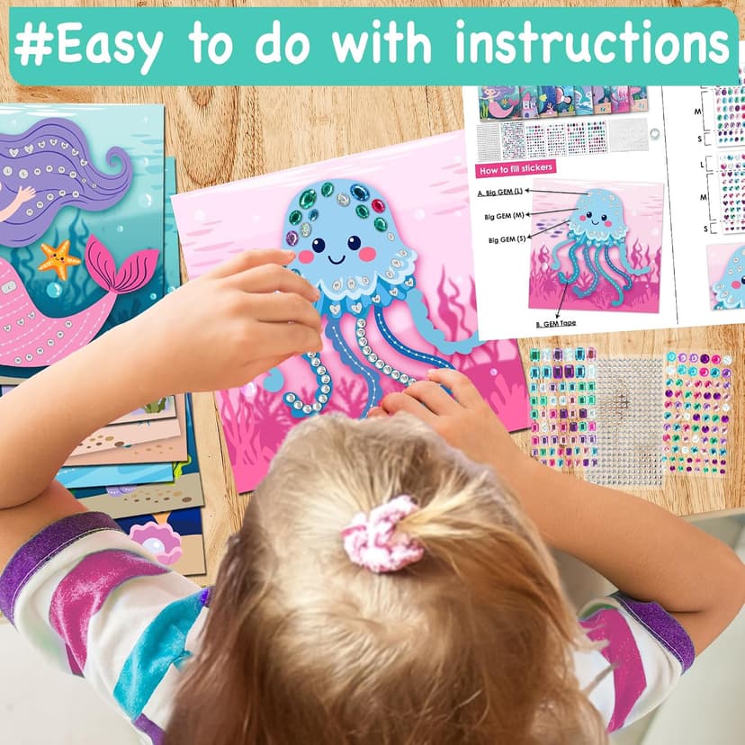 Mermaid crafts and gem art for kids ages 3-8; gem sticker kit with 8 ocean projects; no glue, screen-free birthday gift EZCRA Mermaid Gem Sticker Kit for Kids - 800 Stickers, 8 Underwater Themes B0GFMN37ZV