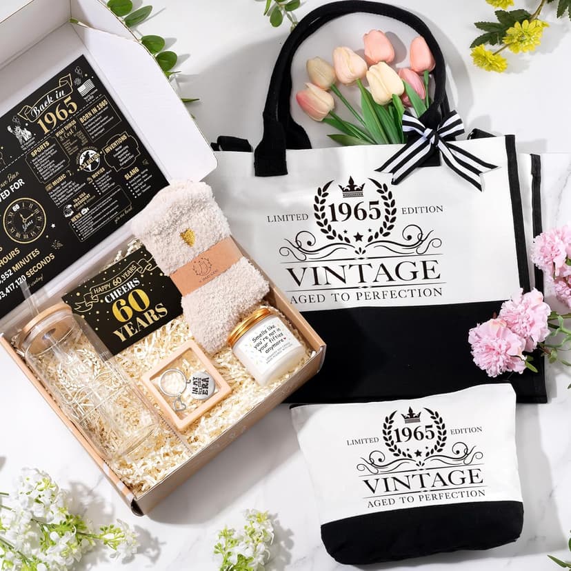 60th Birthday Gifts for Her Women, Cool Gifts for 60 Year Old Woman, Sixty Birthday Tote Bag Glass Cup Candle Gift Basket Ideas Daughter Mom Sister Friend Wife Coworkers