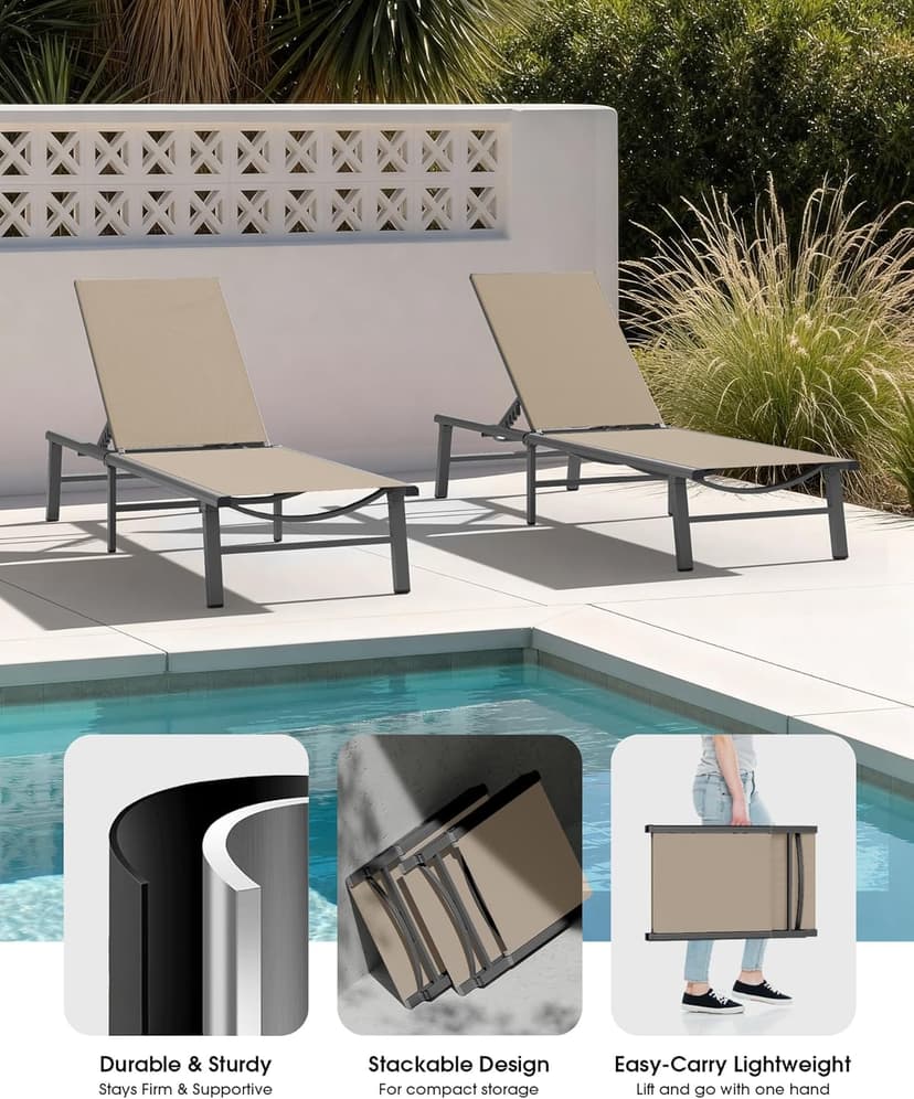 Ciokea Foldable Outdoor Lounge Chair, No Assembly Patio Chaise Lounge Outdoor with 5-Positions, Aluminum Pool Lounge Chair with Portable Design for Pool, Beach, Deck, Backyard, Khaki