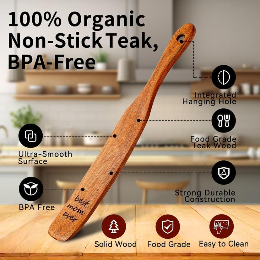 Gifts for Mom from Daughter Son, BEST MOM EVER Teak Wood Spurtle Spatula, Christmas Birthday Mother's Day Gifts, Best Mom Gift, Natural Kitchen Utensils for Sourdough Starter, Mixing, Jar Scraping